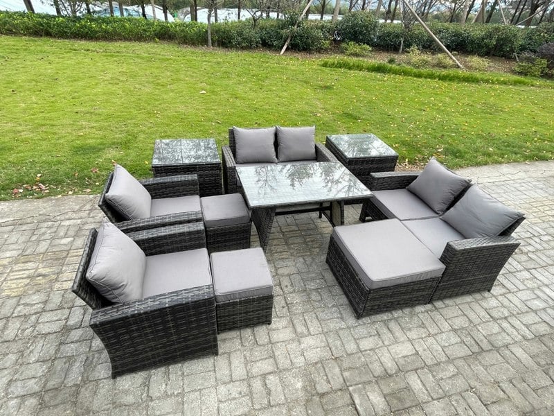 Fimous 10-Piece Dark Grey Wicker Rattan Outdoor Sofa Conversation Set | 3 Footstools, 2 Side Tables