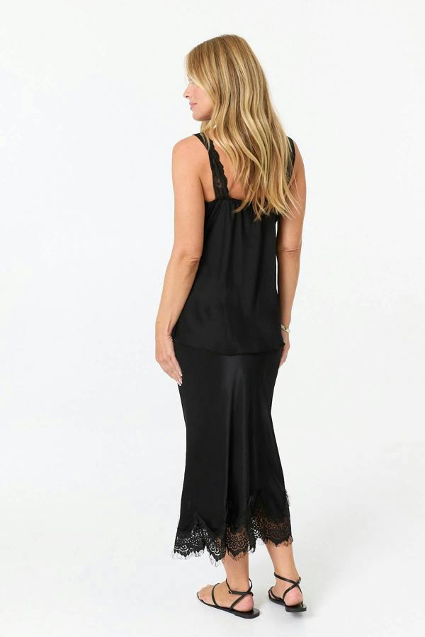 Black | Lace Trim Satin Texture Vest Top