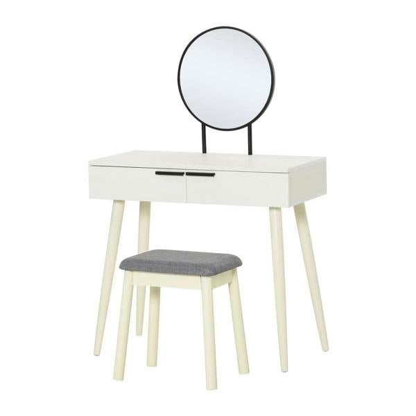 White makeup vanity table with round mirror and gray upholstered stool