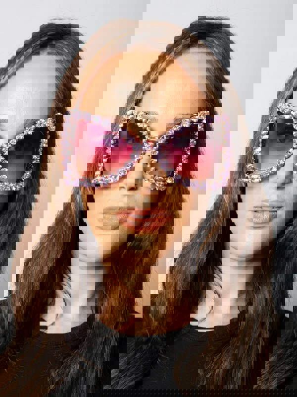 SVNX Oversized Triangular Crystal Gem Sunglasses in Purple