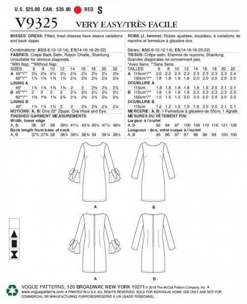 Vogue Sewing Pattern 9325, Dresses for Women, A5 (6-8-10-12-14) - Easy