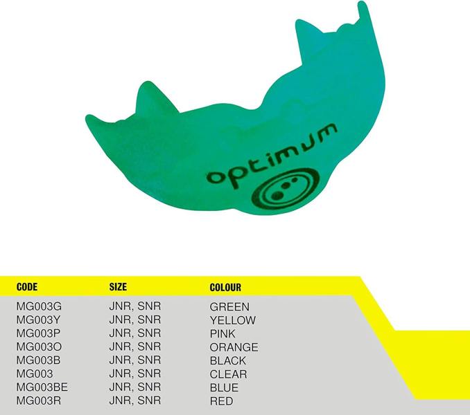 Green Optimum Matrix mouthguard with black logo above size and colour code chart on yellow and white - Optimum