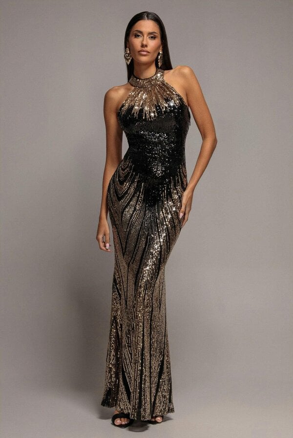 Goddiva Ombre Sequin Mosaic Halter Neck Maxi Dress - Gold by Goddiva