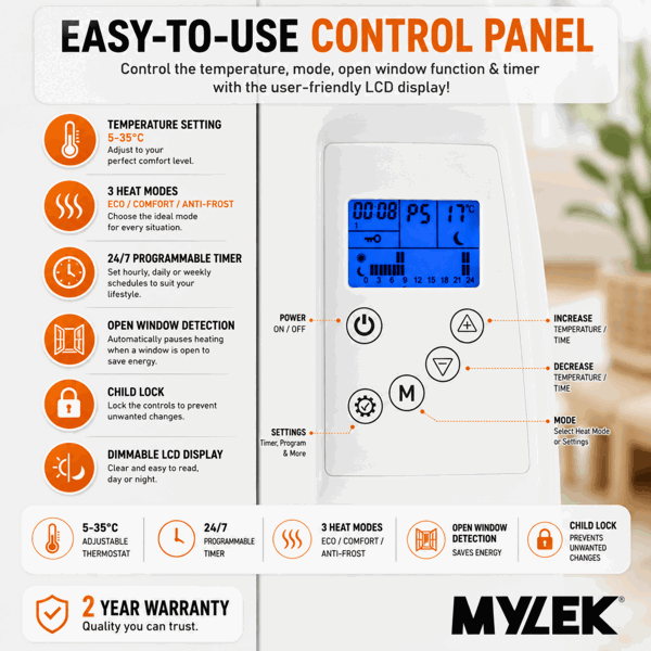 MYLEK Panel Heater Radiator 1000W Electric with Programmable Digital Timer
