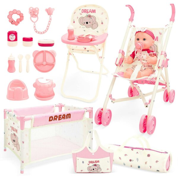 deAO Toys 24-Piece Baby Doll Care Playset – Includes Stroller, High Chair, Travel Cot, Feeding Accessories & Realistic Doll for Kids 3+