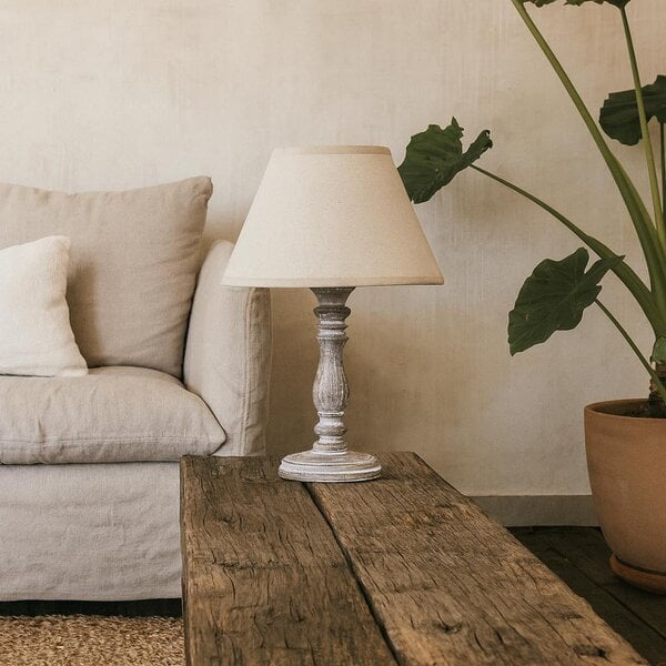 Wyld Haus Bastide White Washed Turned Column Table Tamp With Cream Linen Shade