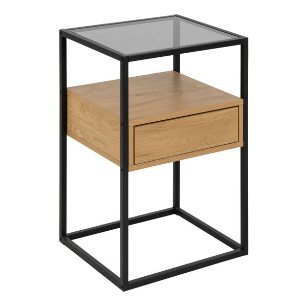 Wyld Haus Wrenna Black and Natural Oak Effect Square Bedside Table 1 Drawer Glass Top