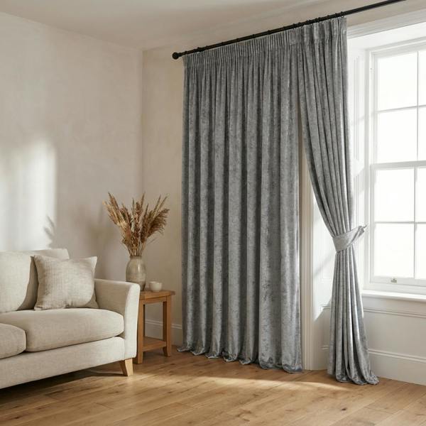 Lustre made-to-measure curtains in Steel, styled in a living room