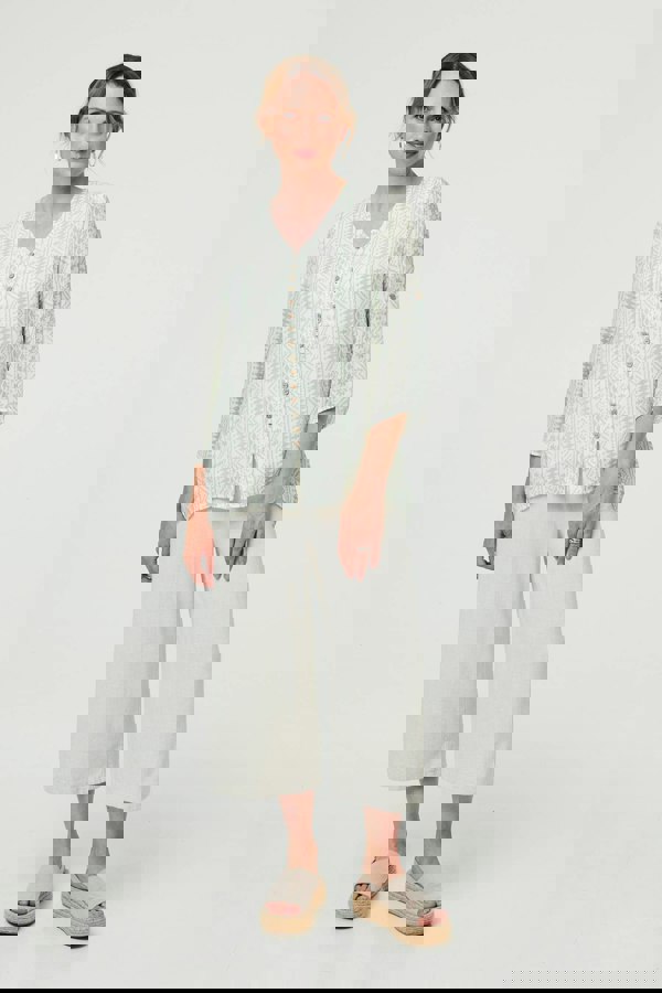 Sage | Printed Button Front Curve Hem Blouse
