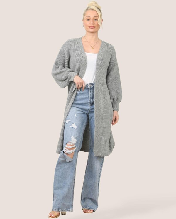 Women's Longline Knit Cardigan – Open Front, Ribbed - Pastel Grey