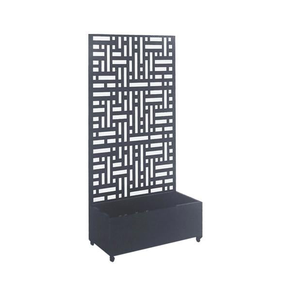 Grey metal privacy screen with the planter box in a geometric pattern on a white background
