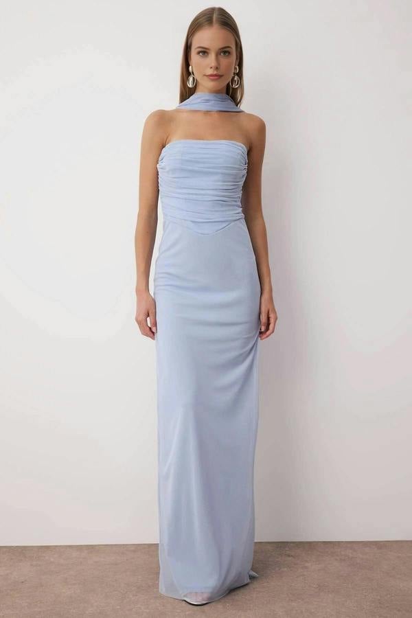 WOVCOR Tulle Knit Maxi Evening Dress with Shawl Detail
