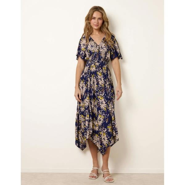 Blue Vanilla Shirred Waist Hanky Hem Dress