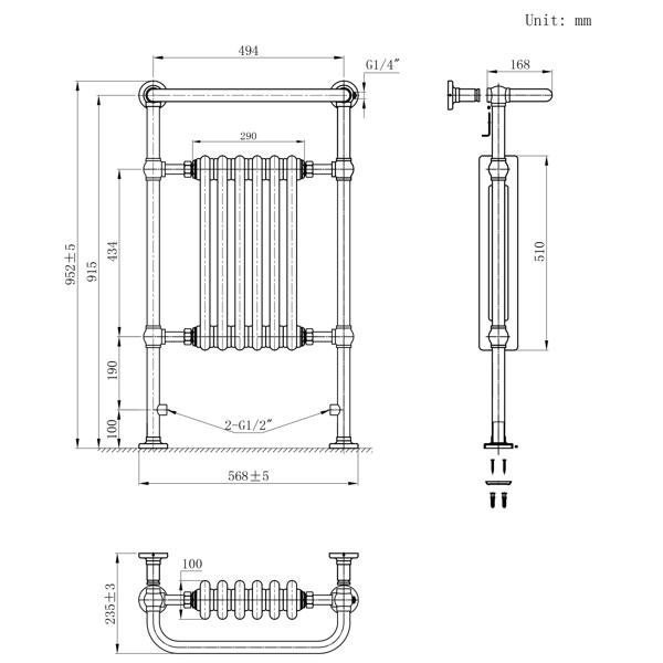 Monstershop Traditional Heated Towel Rail Radiator – 950mm x 570mm  – Anthracite Grey