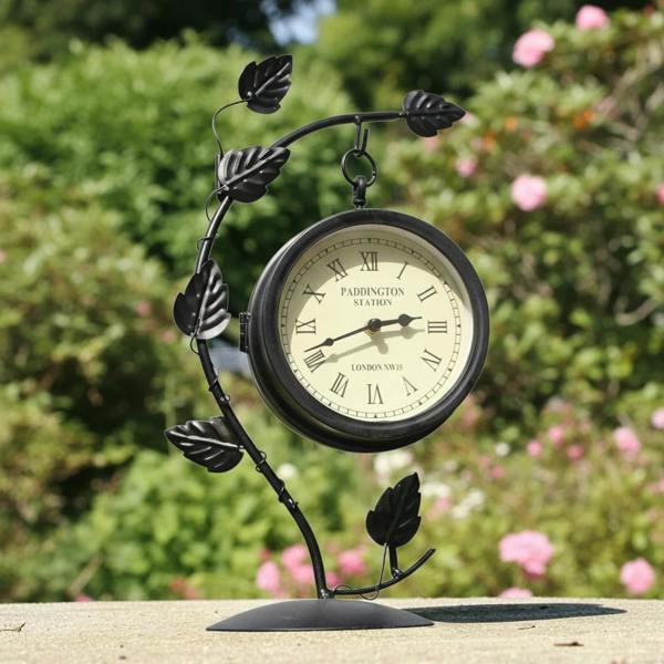 The Garden Marketplace Double Sided Leaf Design Garden Clock in Black Metal