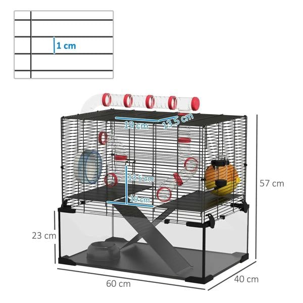Black wire gerbil cage with deep glass base and shown cage dimensions