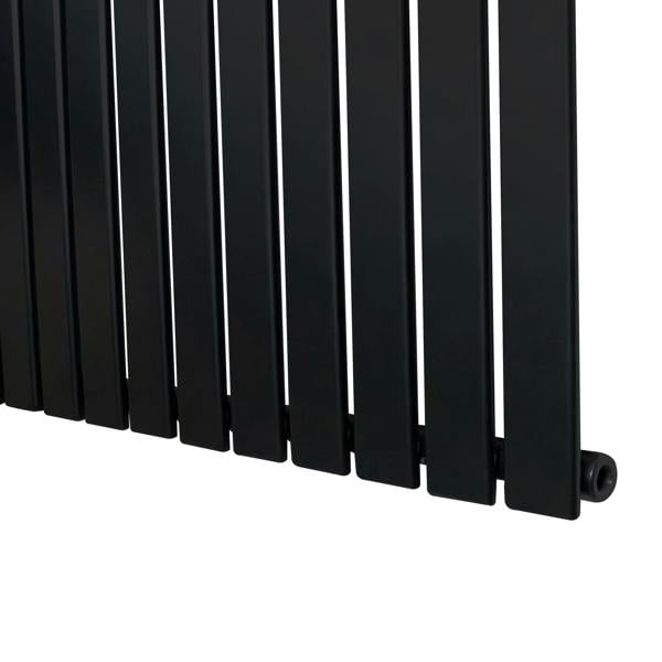 Flat single column radiator in sleek black finish, measuring 1600 x 280mm, featuring a modern design with vertical slats and smooth texture