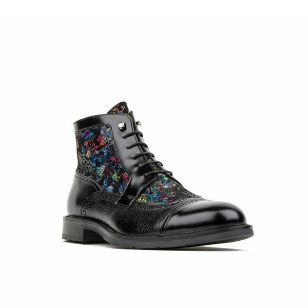 Embassy London Charles - Black Flower - Men's lace up and zip up dressy leather boot