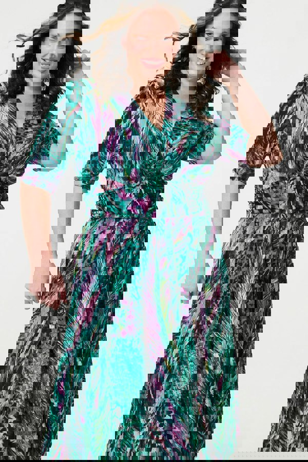 Green | Feather Print 1/2 Sleeve Wrap Midi Dress