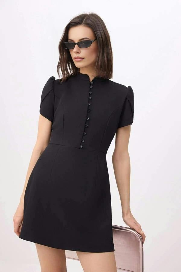 WOVCOR Balloon Sleeve Buttoned Mini Woven Dress