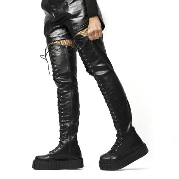 Lamoda No Turnin' Back BlackPU Chunky Thigh High Creeper Boots Trendy