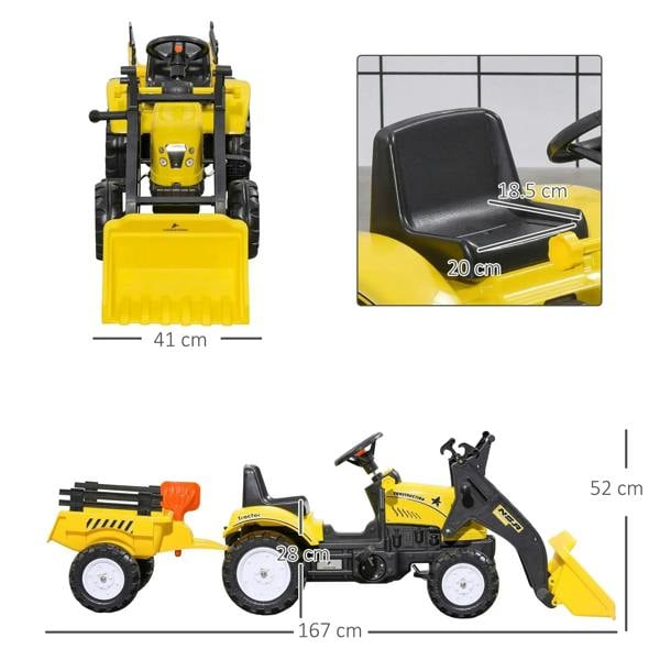 Yellow kids pedal go-kart excavator with seat, steering wheel, and front bucket