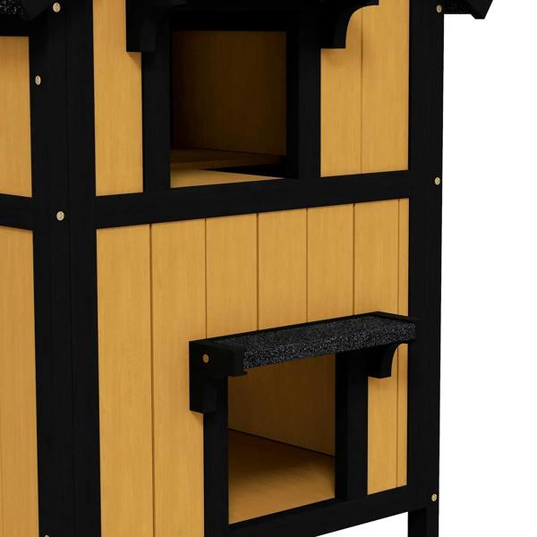 Yellow wooden cat house with front square window opening and lower platform entry