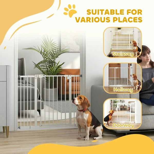 White safety gate illustration with icons for stairway, hallway, and doorway use