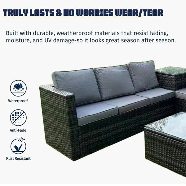 Furniture One Rattan Corner 6 Seater Sofa Set, Padded Garden Lounge Set with Side Table & Tempered Glass Coffee Table