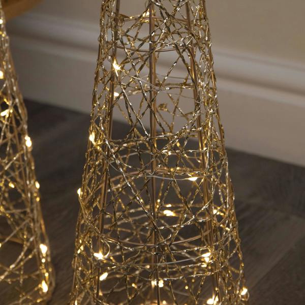 Samuel Alexander Set of 3 Gold Light Up Gold Christmas Cones Decorations with 120 Warm White LEDs