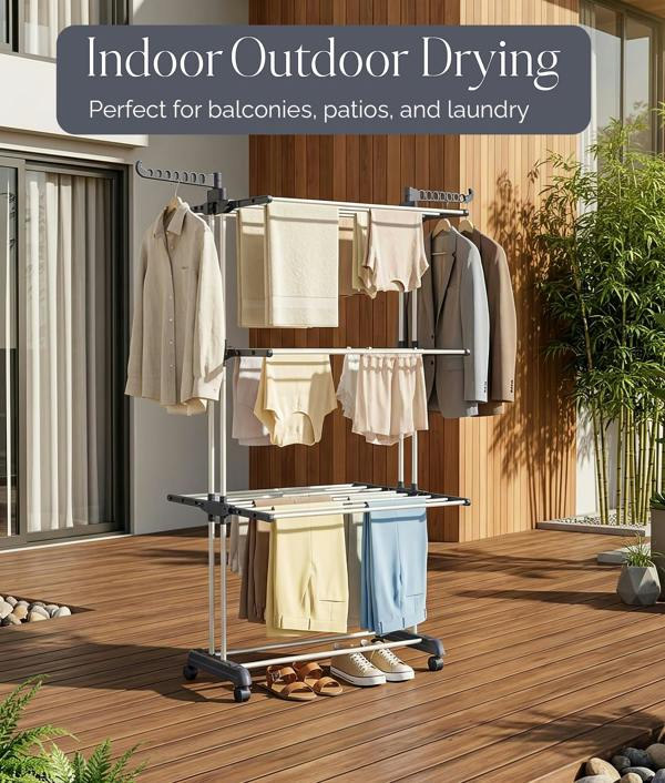 ADOV Airer Clothes Drying Rack, 4-Tier Foldable Stainless Steel Clothes Airer with Wheels and Side Wings