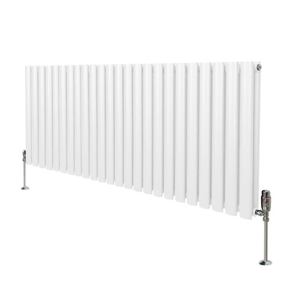 White oval column radiator measuring 600mm x 1440mm with sleek vertical lines and chrome valves, ideal for modern interiors