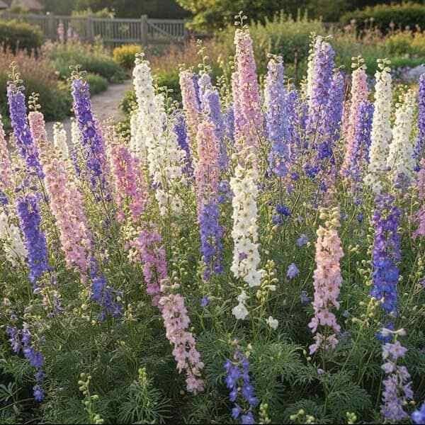 Tall flower spikes of Delphinium consolida Larkspur Giant Imperial Mixed in a cottage garden border.