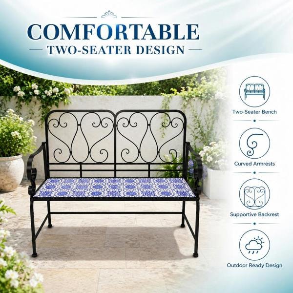 Porto Mosaic 2 Seater Garden Bench, 112cm Outdoor Patio Seat with Ceramic Tile Seat, Scrollwork Backrest & Metal Frame image 9