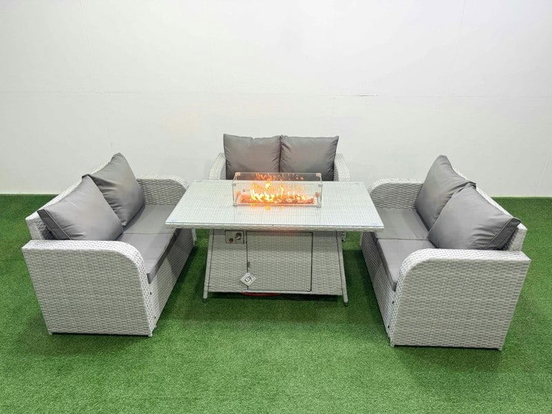 Fimous 6 Seater PE Wicker Rattan Furniture Sofa Sets with Fire Pit Dining Table 2 Seater Love Sofa Light Grey