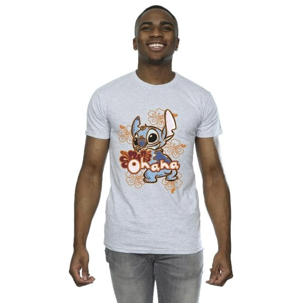 Disney Mens Lilo And Stitch Ohana Orange Hibiscus T-Shirt - Sports Grey