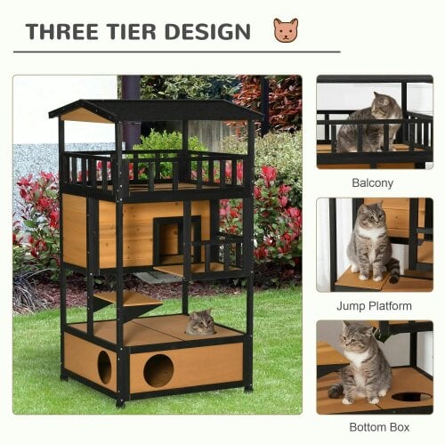 Wooden Outdoor Cat House, 3-Tier Cat Shelter with Tilted Roof, Terrace, Jump Step, Bottom Tray and Elevated Base, Waterproof Paint, Yellow