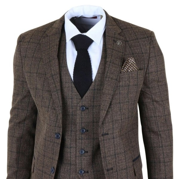 TruClothing IM11 - Men's Dark Brown 3 Piece Plaid Check Suit