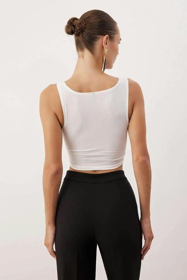 Heart Neck Sleeveless Cut Out Detail Fitted Crop Blouse