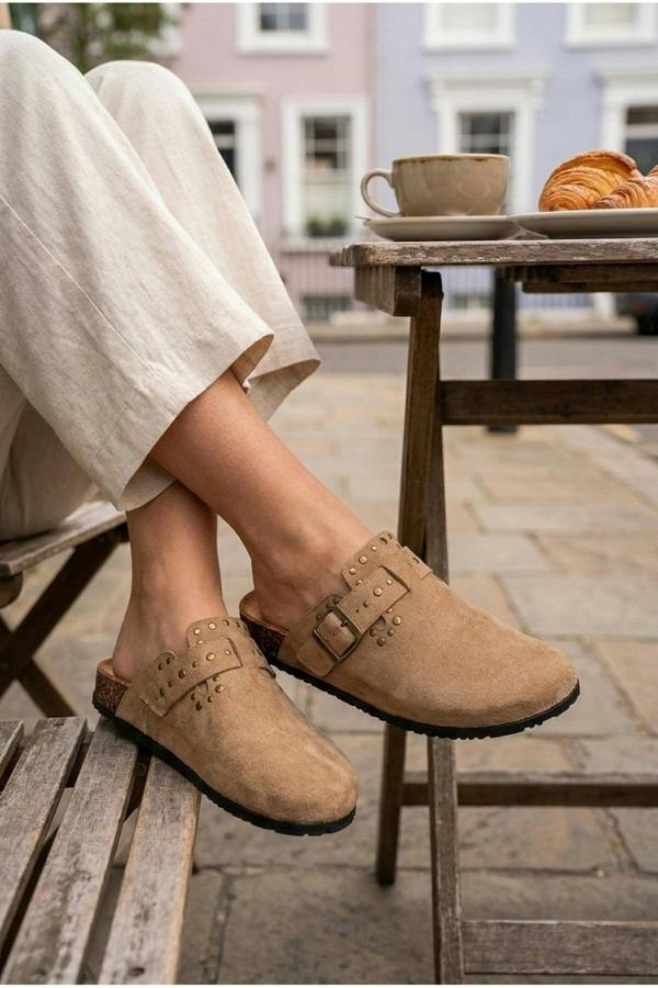 Demi Womens Studded Buckle Clog Mules - Khaki