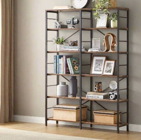 Modcraft 6-Tier Industrial Bookshelf with Steel Frame – Rustic Brown & Ink Black Tall Storage Shelf, 120 cm Wide