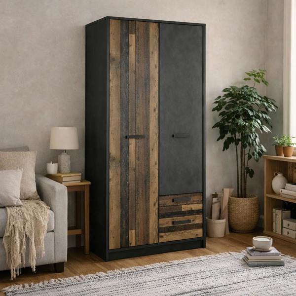 Wyld Haus Whimwick Walnut and Dark Matera Grey 2 Door Wardrobe 2 Drawers