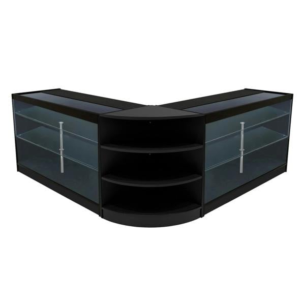 Black Apollo LED shop counter set featuring a sleek, modern design with glass shelves and curved edges, ideal for retail displays