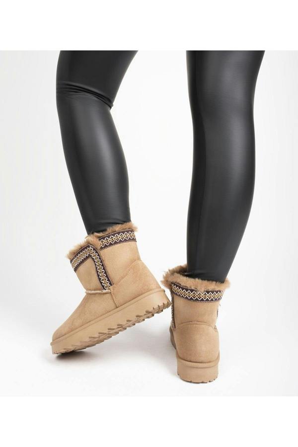 Malira Faux Suede Fluffy Lined Ankle Boots With Stitch Trim - Khaki