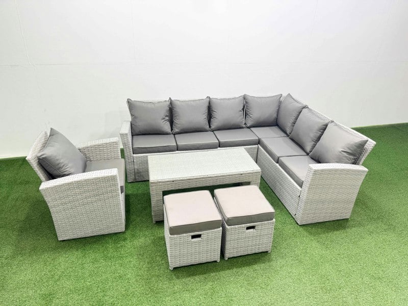 Fimous Rattan Garden Furniture Set 6 Pieces Outdoor Garden Sofa Oblong Coffee Table Set with Chair 2 Small Footstools Light Grey Mixed