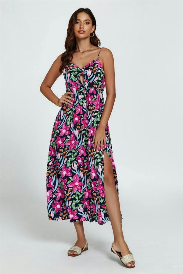 FS Collection Floral Print Tie Front Maxi Dress In Black