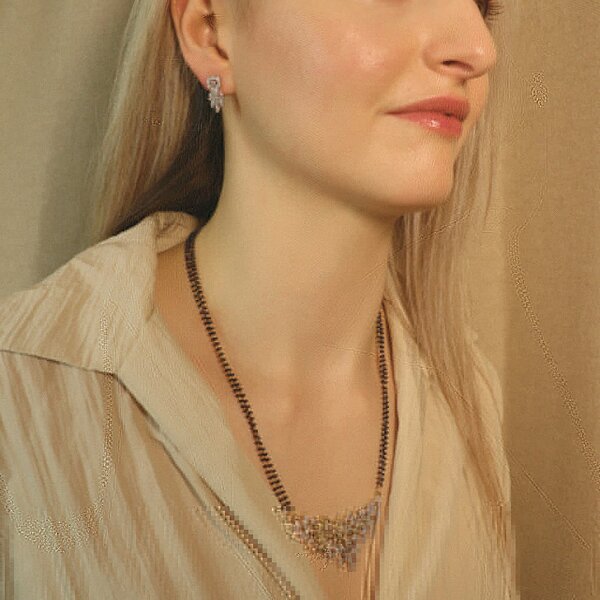 The Colourful Aura Indian Nazaria Silver Floral Zircon Mangalsutra Black Beads Earring and Pendant Necklace