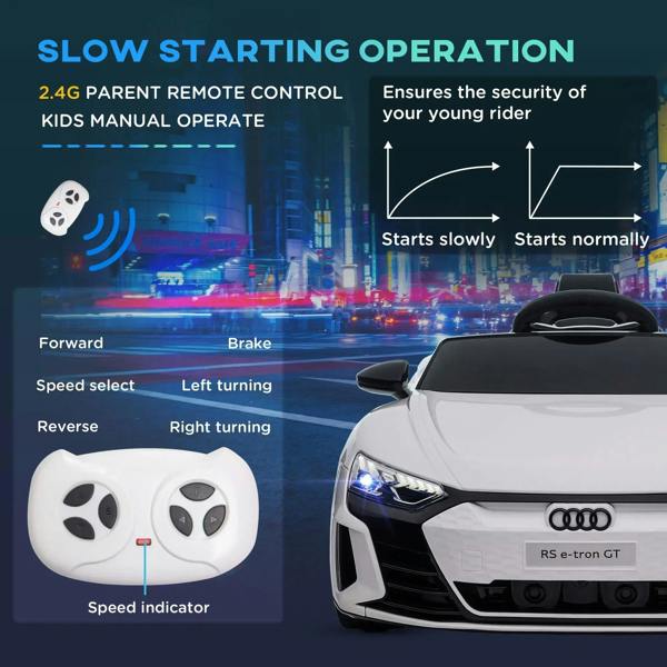 White kids ride-on car with parent remote control and speed indicator