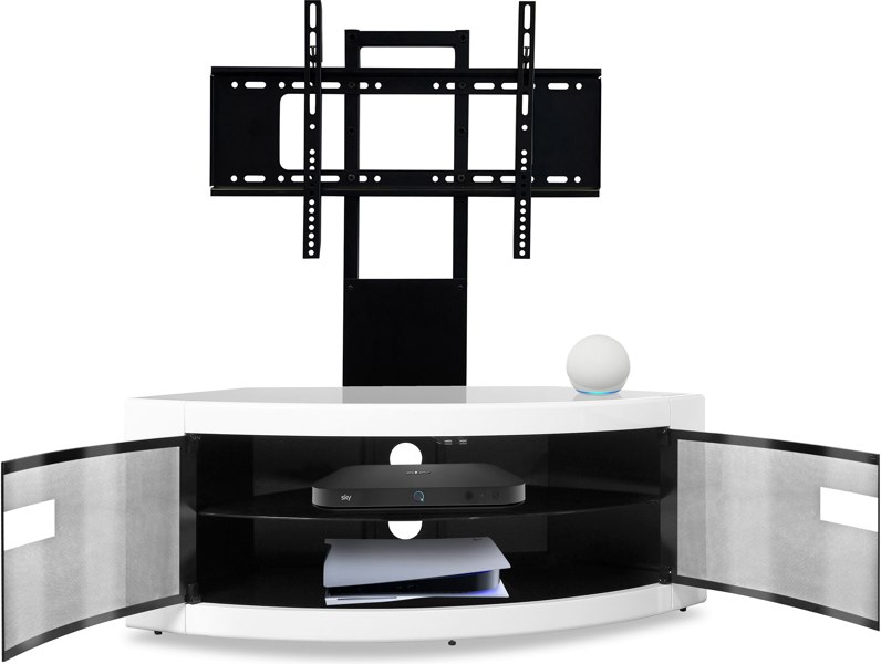 Centurion Supports PANGEA Black/White Beam-Thru Curved True-Corner 32"-50" TV Cabinet with Mounting Arm