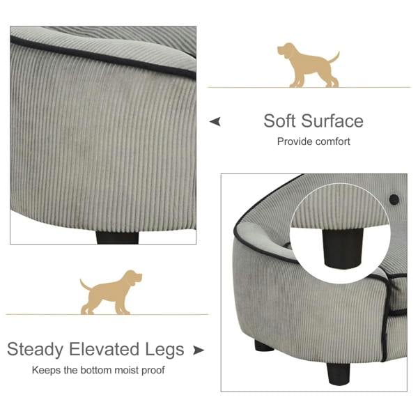 Grey pet sofa bed with black-trim upholstery and elevated legs, close-up